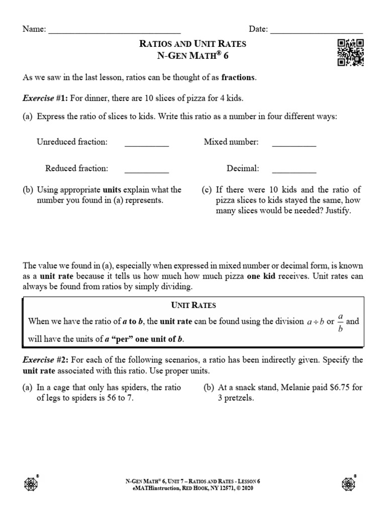 N Gen Math 6.unit 7.lesson 6.ratios and Unit Rates 1 2 | PDF | Ratio ...