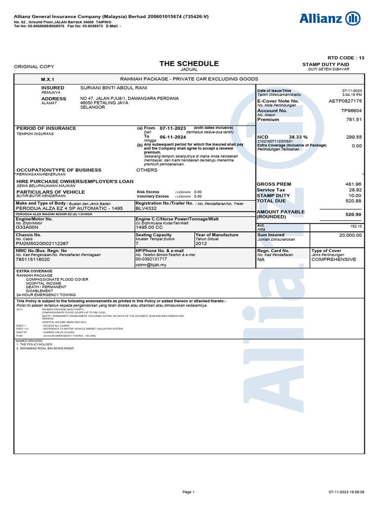 Allianz Car Insurance Cover Note | PDF | Insurance | Business