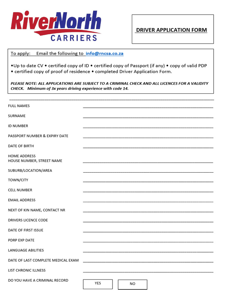 Driver Application Form Download Free PDF Transport