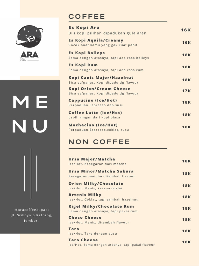 Menu Kopi dan Makanan Ara Café | PDF
