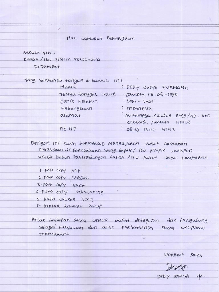 SURAT LAMARAN KERJA DEDY | PDF