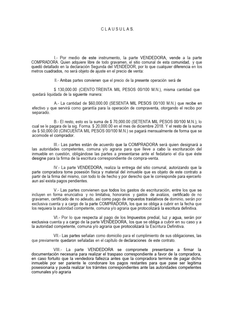 Compraventa de Sitio Comunal: Cláusulas | PDF