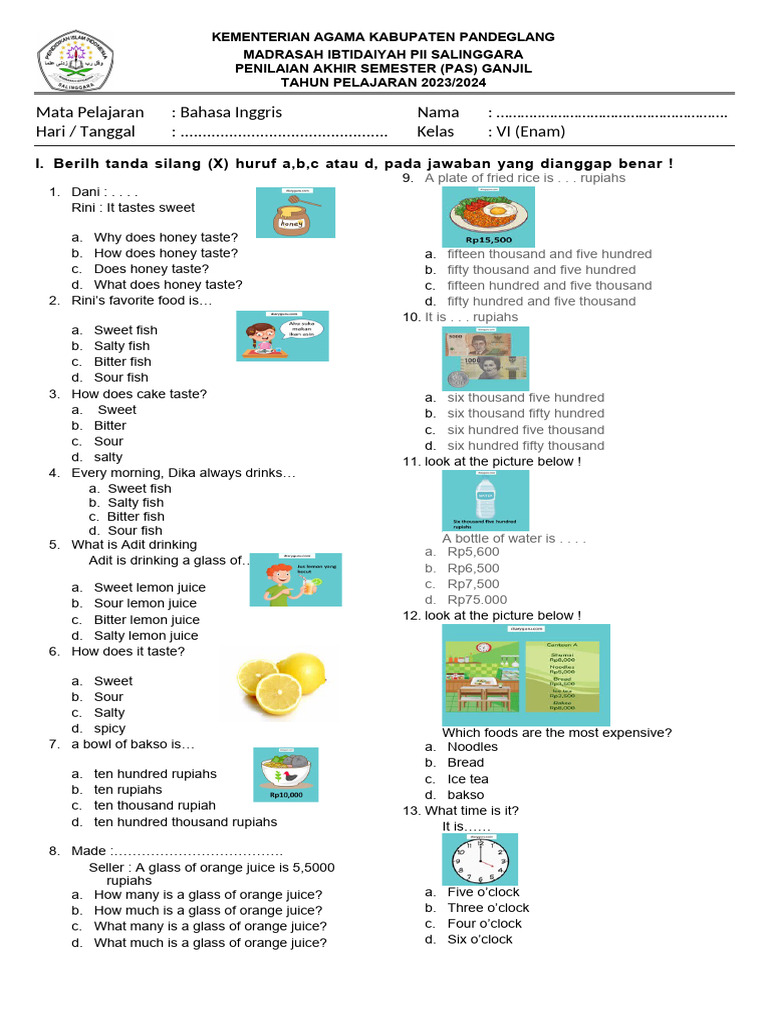 Soal PAS KLS 6 Bahasa Inggris | PDF | Taste | Food And Drink Preparation