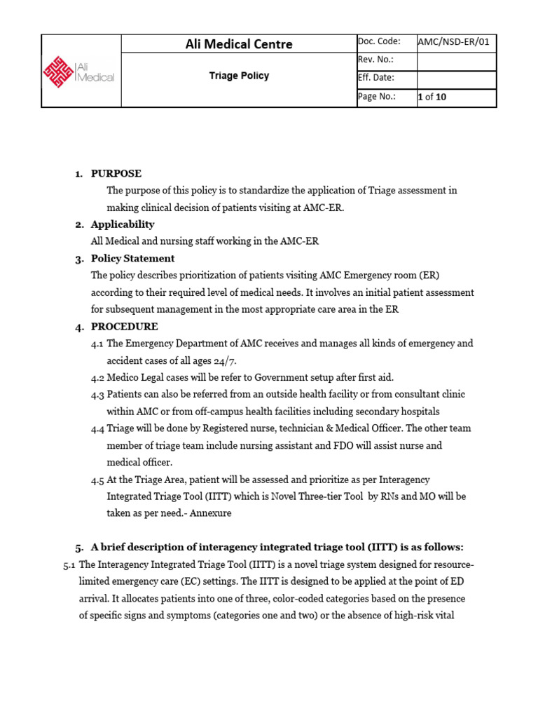 Er Triage Policy | PDF | Emergency Department | Nursing
