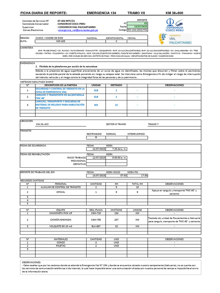 Emergencia Vial Cusco: Informe Diario | PDF | Transporte