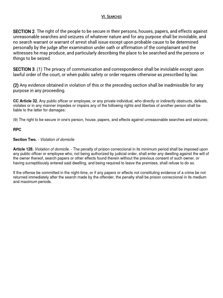 Vi. Searches | PDF | Search And Seizure | Fourth Amendment To The ...