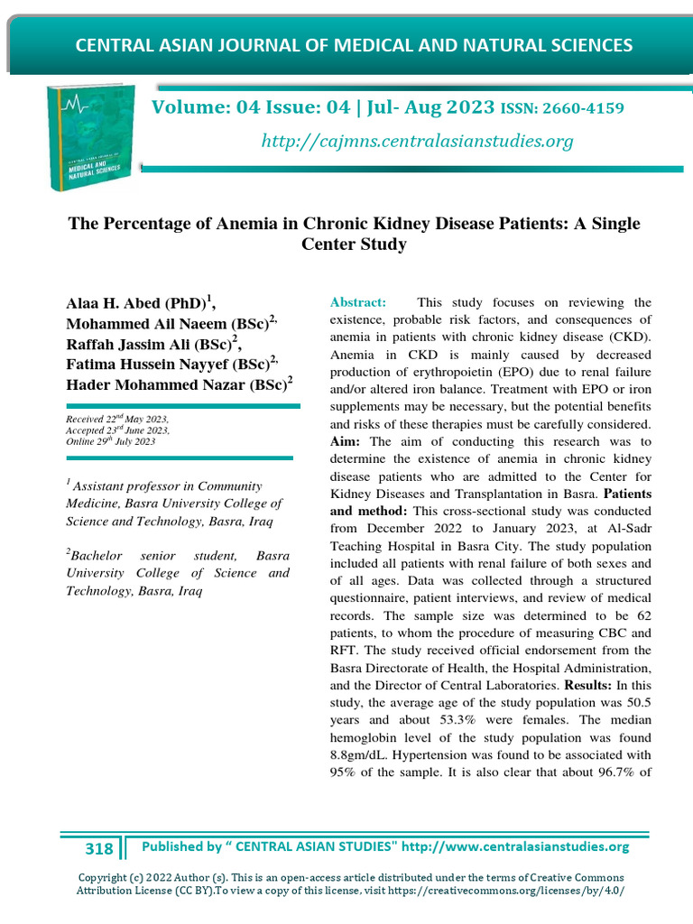 The Percentage of Anemia in Chronic Kidney Disease Patients: A Single ...