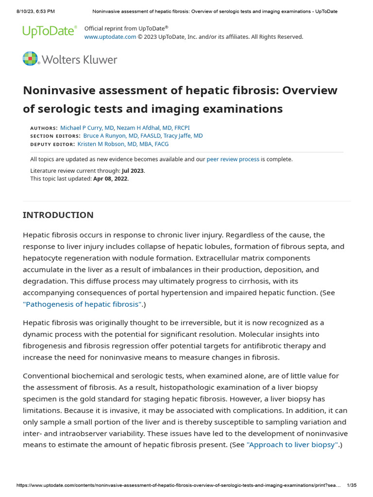 Noninvasive Assessment of Hepatic Fibrosis Overview of Serologic