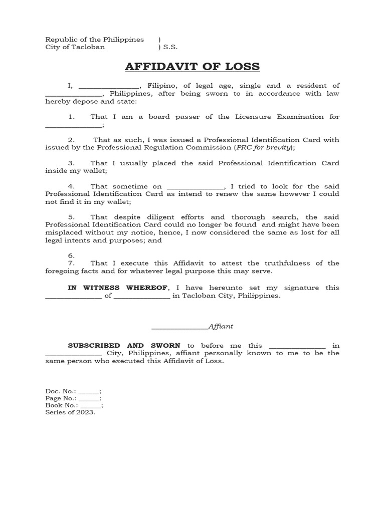 Affidavit of Loss for PRC ID | PDF