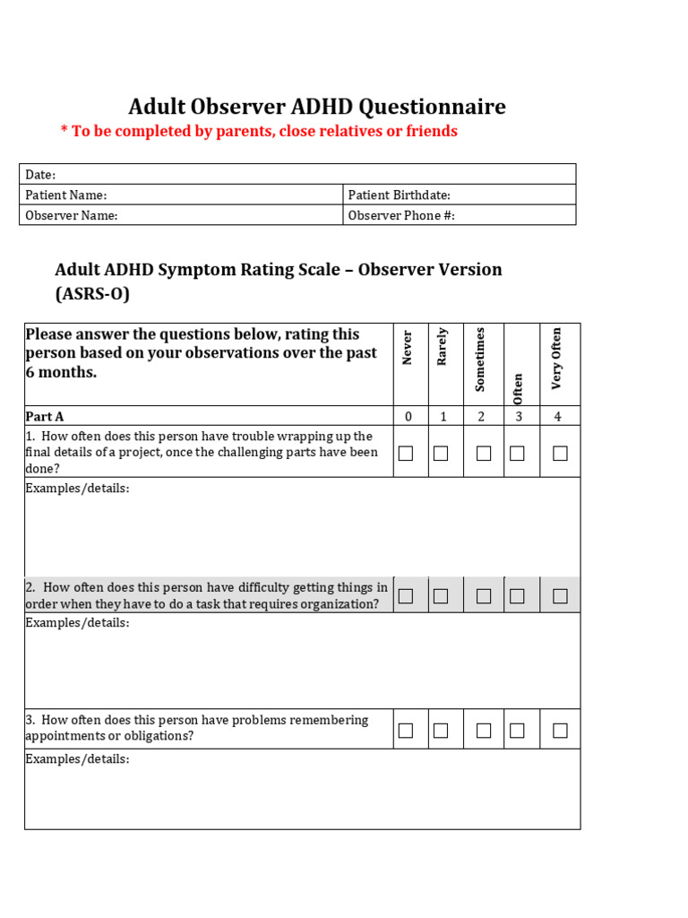 Adult ADHD Observer Questionnaire | PDF | Attention Deficit ...