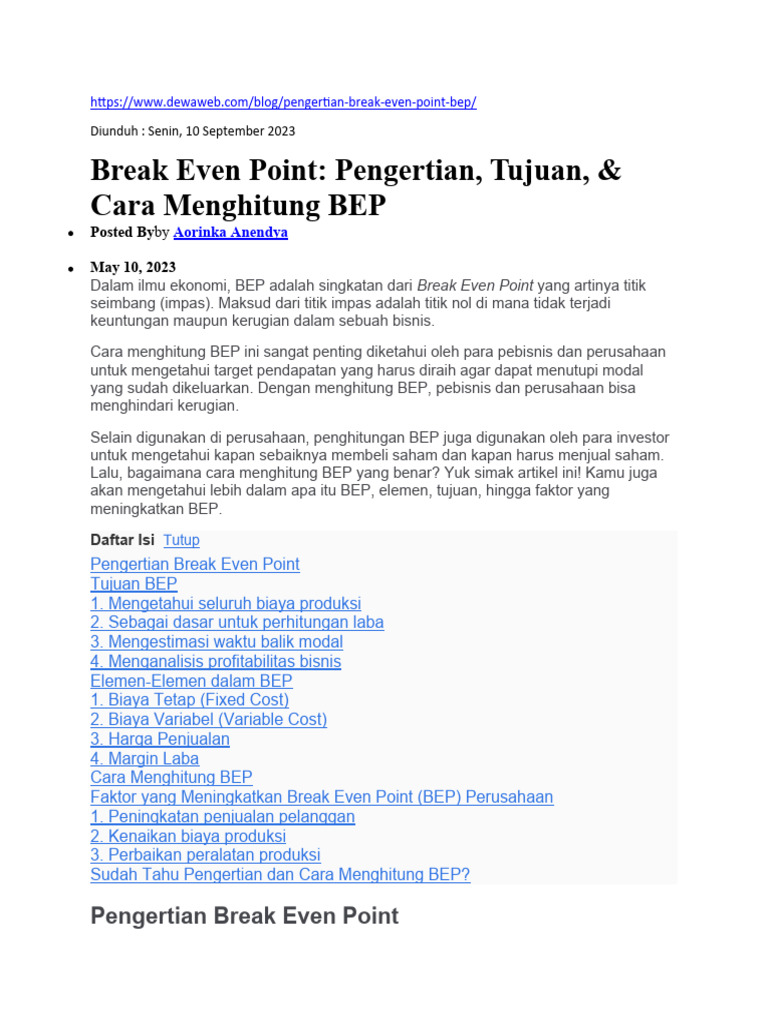 Pengertian dan Cara Hitung BEP | PDF