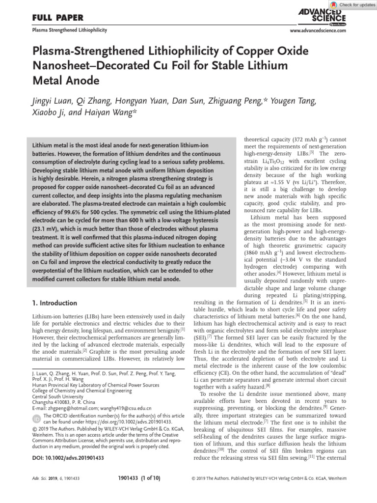 Advanced science 2019 luan plasma strengthened lithiophilicity of