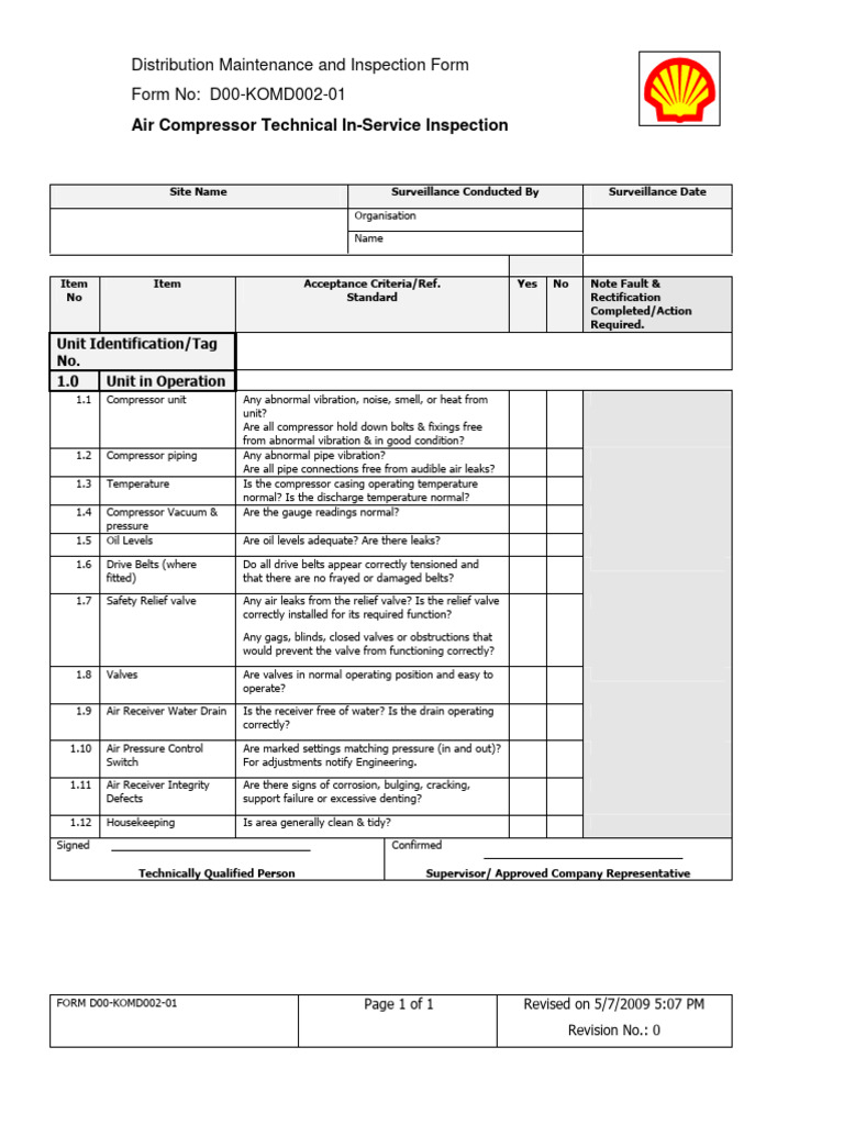 Air Compressor Inspection Form | PDF | Valve | Mechanical Engineering