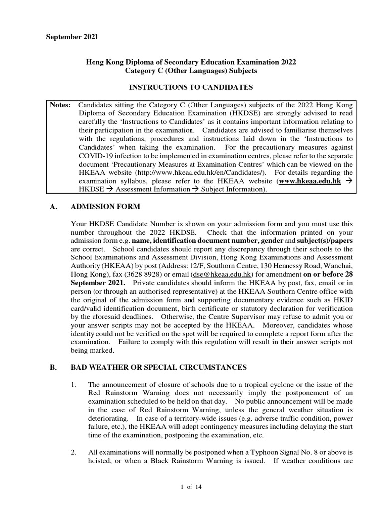 HKDSE 2022 Instructions for Candidates | PDF