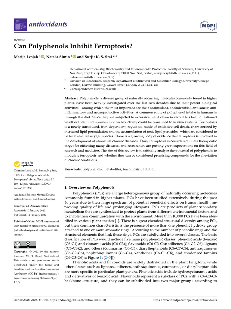 Lesjak 2022 Can Polyphenols Inhibit Ferroptosis | PDF | Flavonoid ...