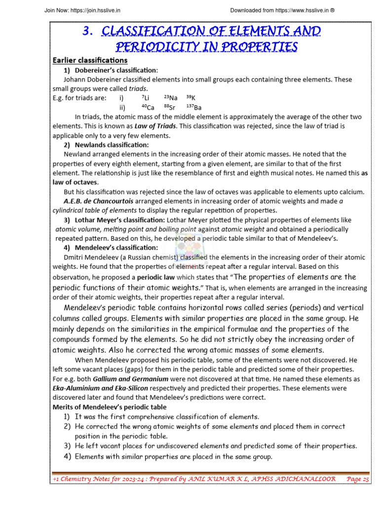 Hsslive XI CH 3 Chemistry Notes by Ak | PDF | Periodic Table | Ion
