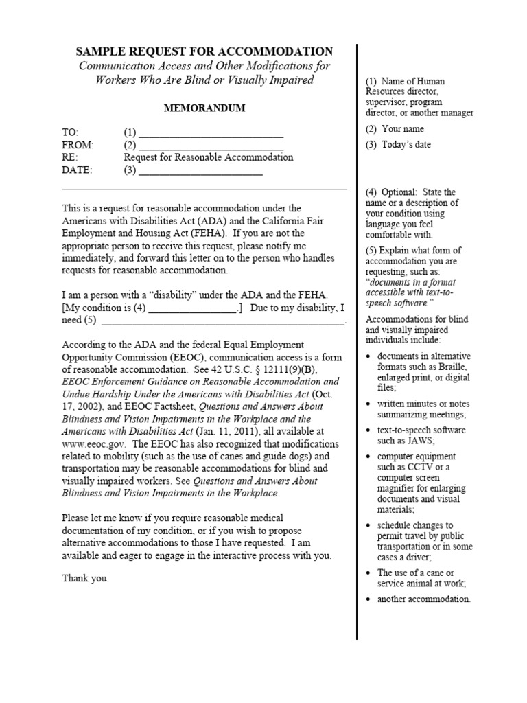 Request for ADA Accommodation Sample | PDF | Visual Impairment ...