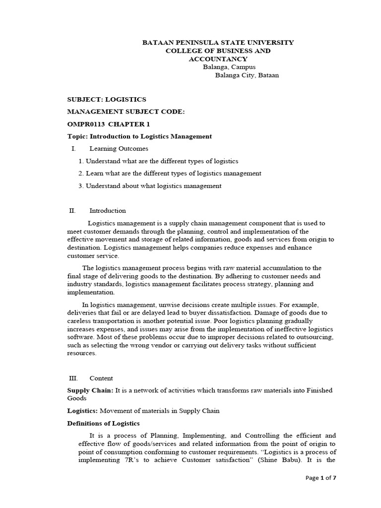 Logistics Mgt Lesson 1 Download Free Pdf Logistics Supply Chain
