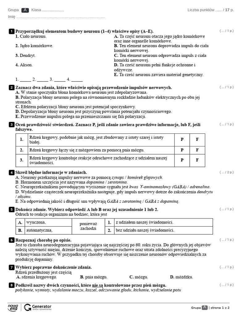 Układ Nerwowy Sprawdzian R9. Ukad Nerwowy Test Z Widoczna Punktacja | PDF