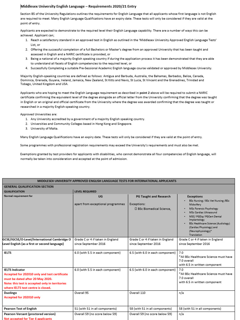 English Language Requirements 2020/21 | PDF | Academic Degree ...
