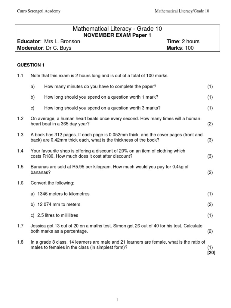 Grade 10 Maths Literacy Exam Paper 1 | PDF | Area