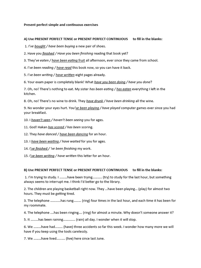 Present Perfect Simple vs Continuous Exercises | PDF | Foreign Language ...