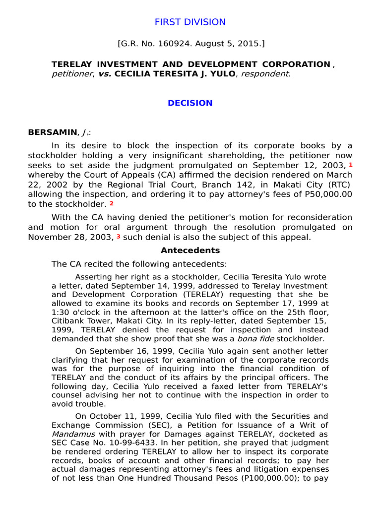 Terelay Investment and Development Corp. v. Yulo PDF Mandamus Appeal