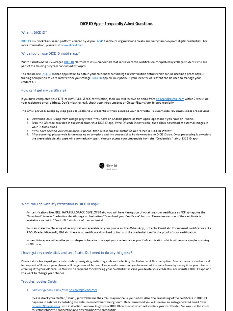 DICE ID APP FAQs PDF Qr Code Mobile App