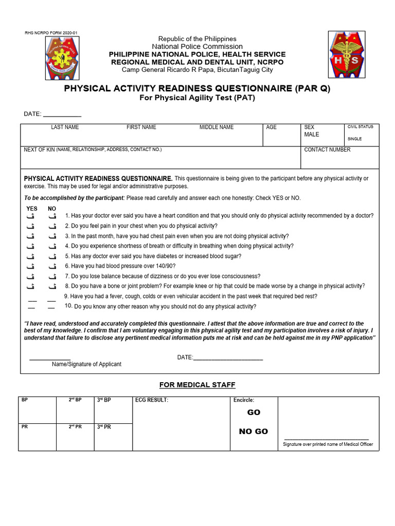 PNP Physical Agility Test Questionnaire | PDF | Causes Of Death ...