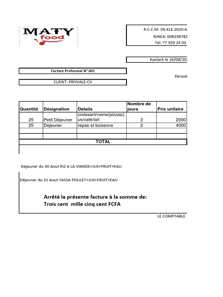 Facture Proformat N° 001 - Provale-CV | PDF