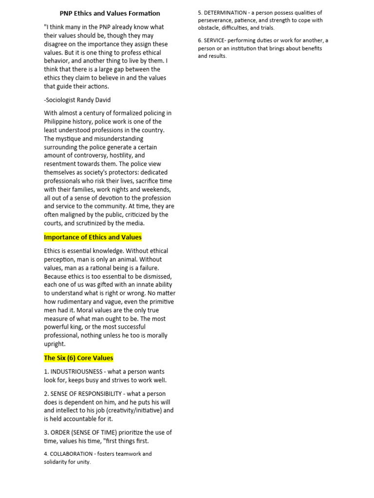 PNP Ethics and Values Overview | PDF | Community Policing | Police