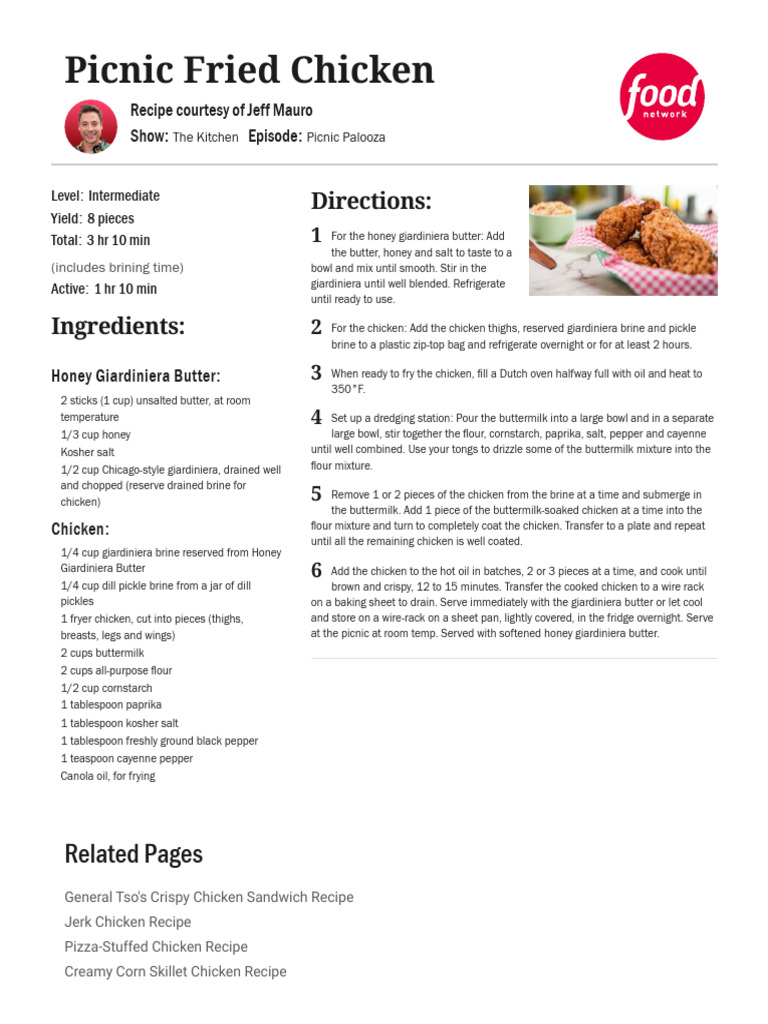 Jeff Mauro's Picnic Fried Chicken Recipe | PDF | Butter | Pickled Cucumber
