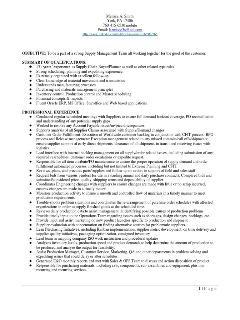 Manufacturing Buyer Planner in Lancaster PA Resume Melissa Smith Supply Chain Commercial