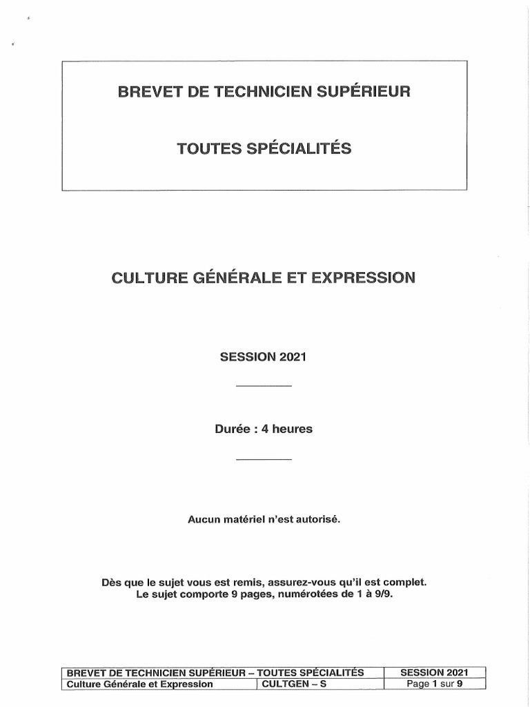 Bts CG 2021 Epreuve E1 Culture Gnrale Et Expression PDF