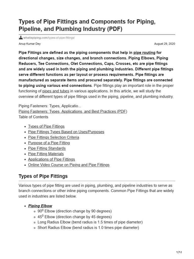 Types of Pipe Fittings and Components PDF Pipe (Fluid Conveyance
