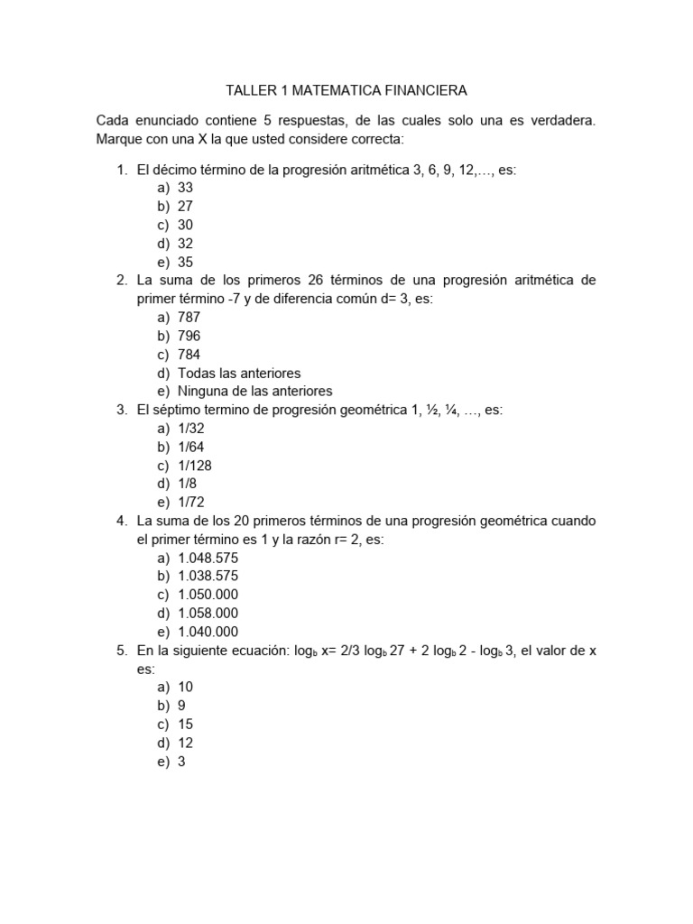 Taller 1 Matematica Financiera | PDF