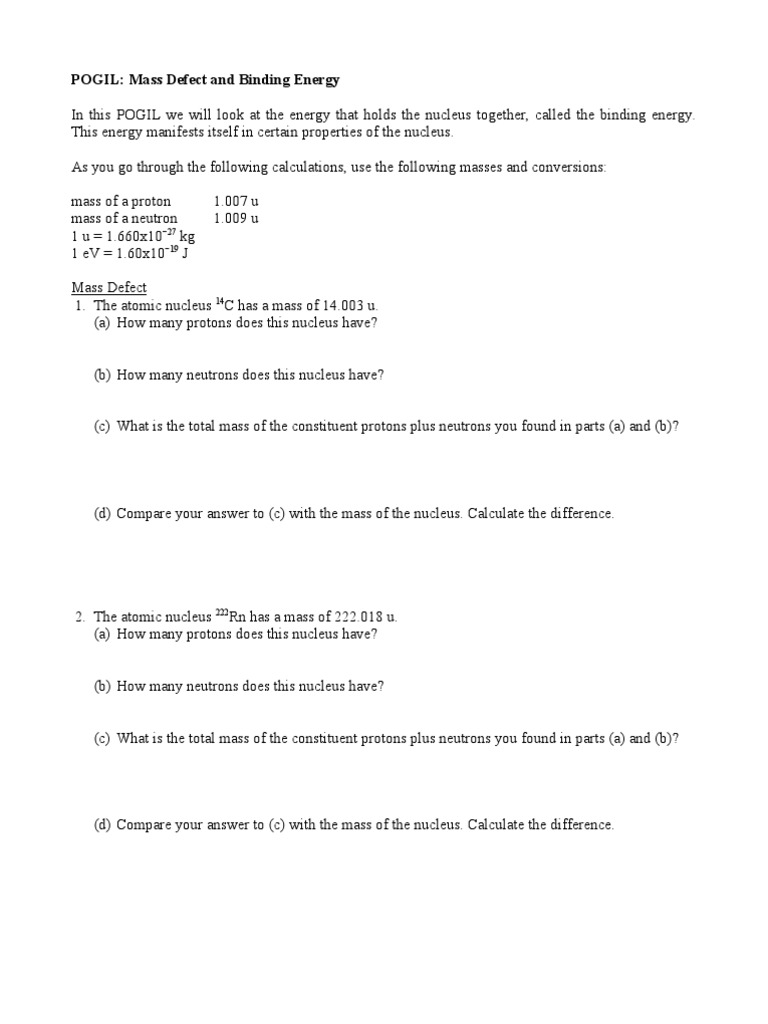 Mass Defect and Binding Energy Worksheet | PDF | Atomic Nucleus | Proton