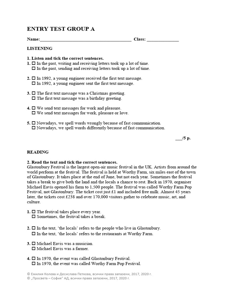 ENTRY TEST GROUP A Prosveta PDF Text Messaging