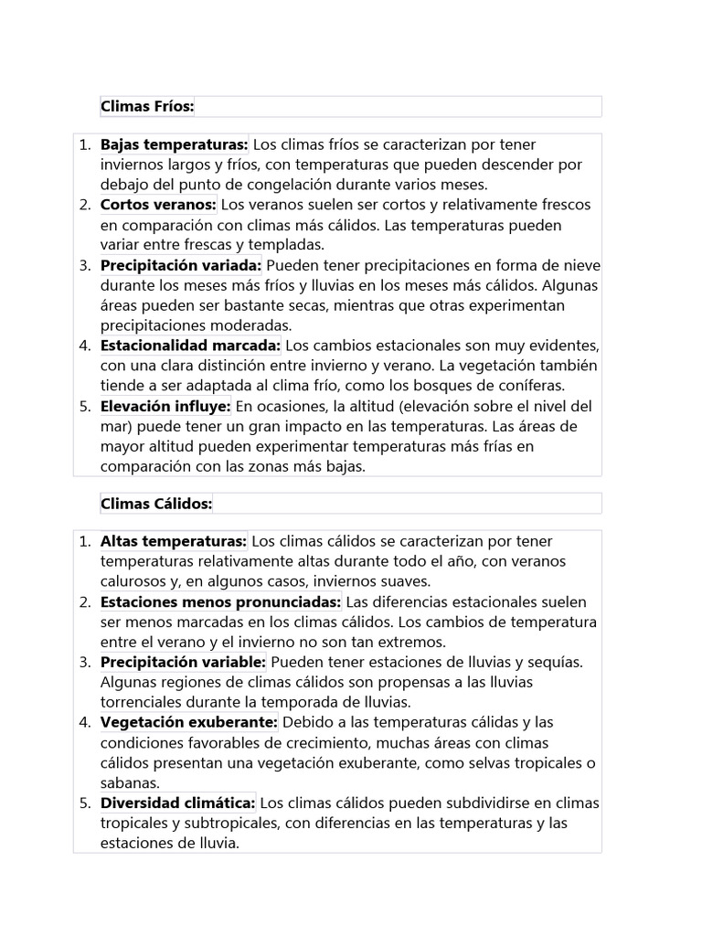 Características de Climas Fríos, Cálidos y Templados | PDF | Clima ...