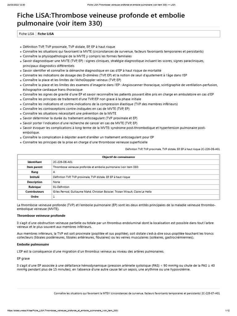 Fiche LiSA - Thrombose Veineuse Profonde Et Embolie Pulmonaire (Voir ...