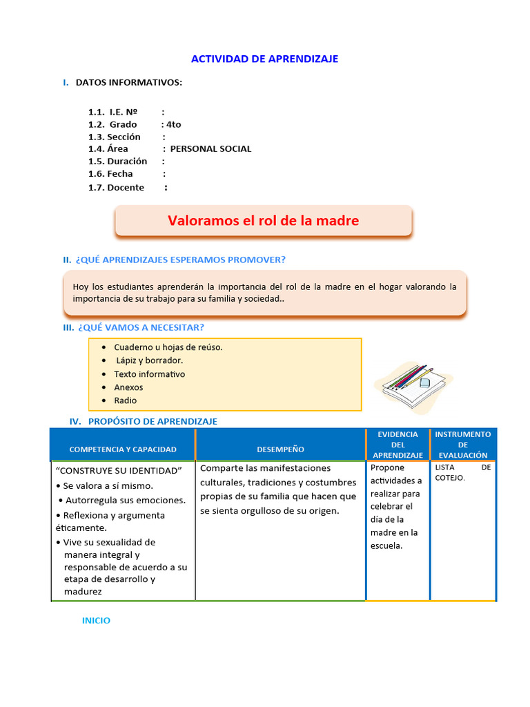 D1 A2 SESION PS. Valoramos El Rol de La Madre | PDF