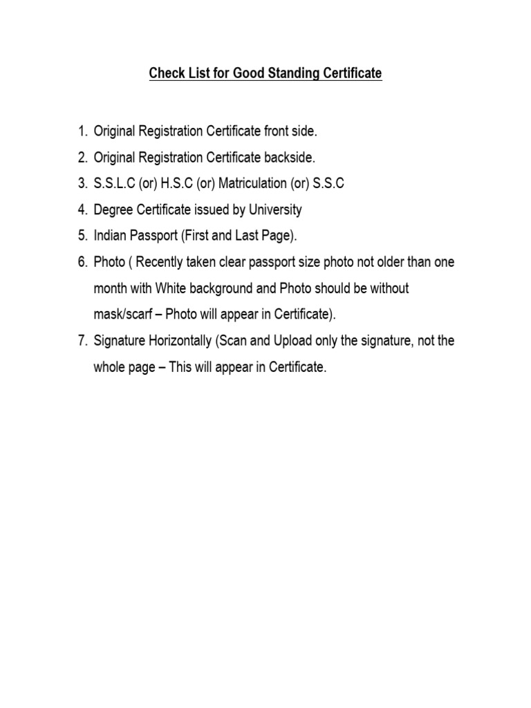 Check List For Good Standing Certificate PDF