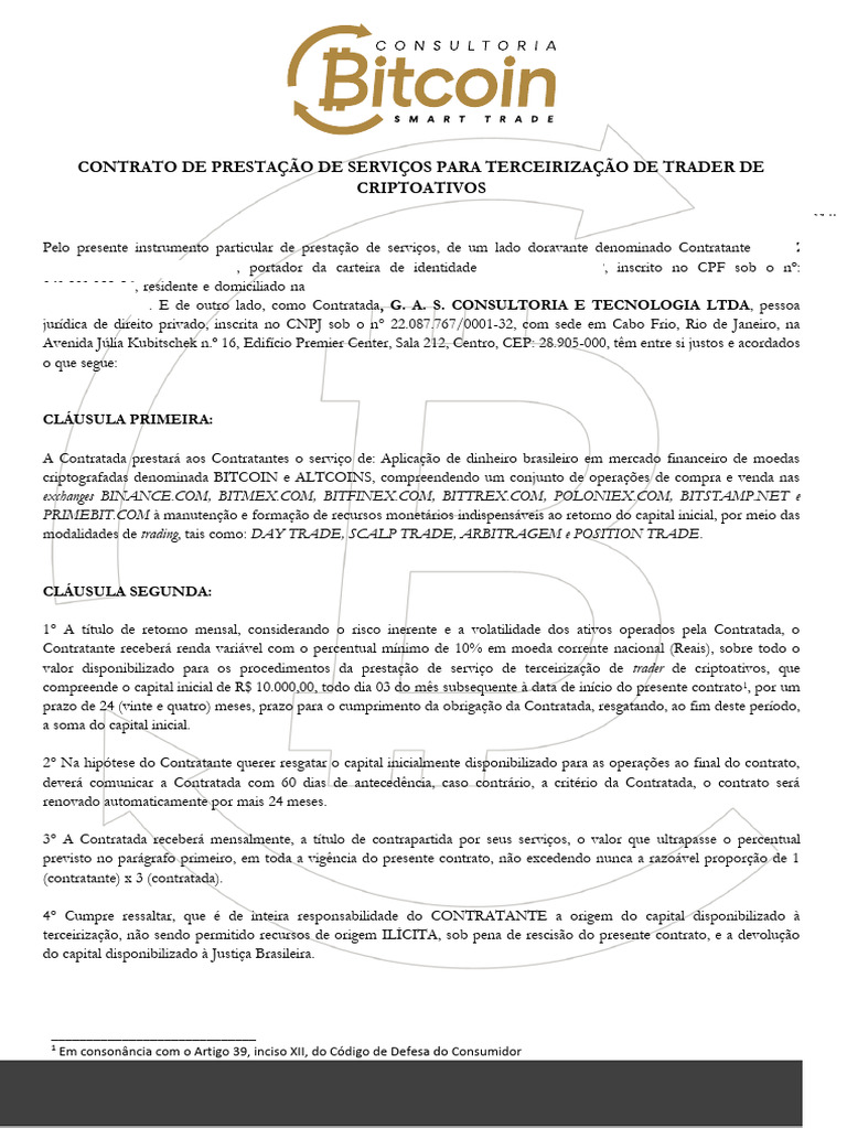 Contrato de Terceirização de Trader de Criptoativos | PDF | Nota  promissória comercial (investimentos) | Justiça