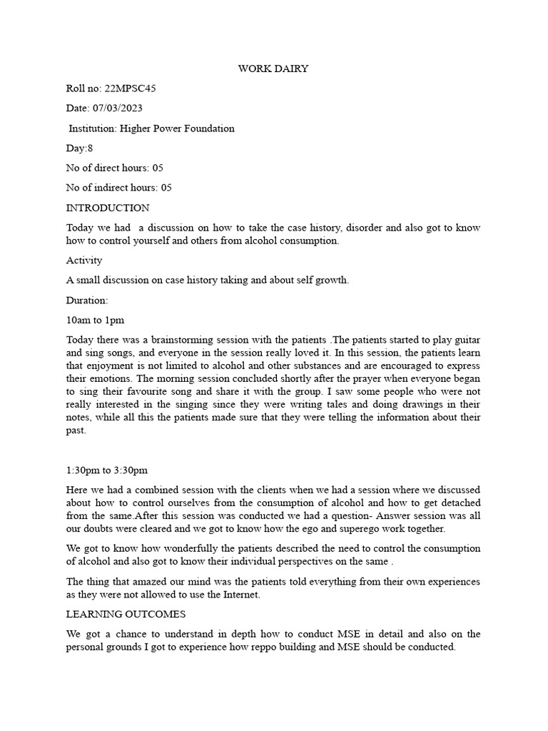 Work Dairy Day 8 PDF Psychology Psychological Concepts