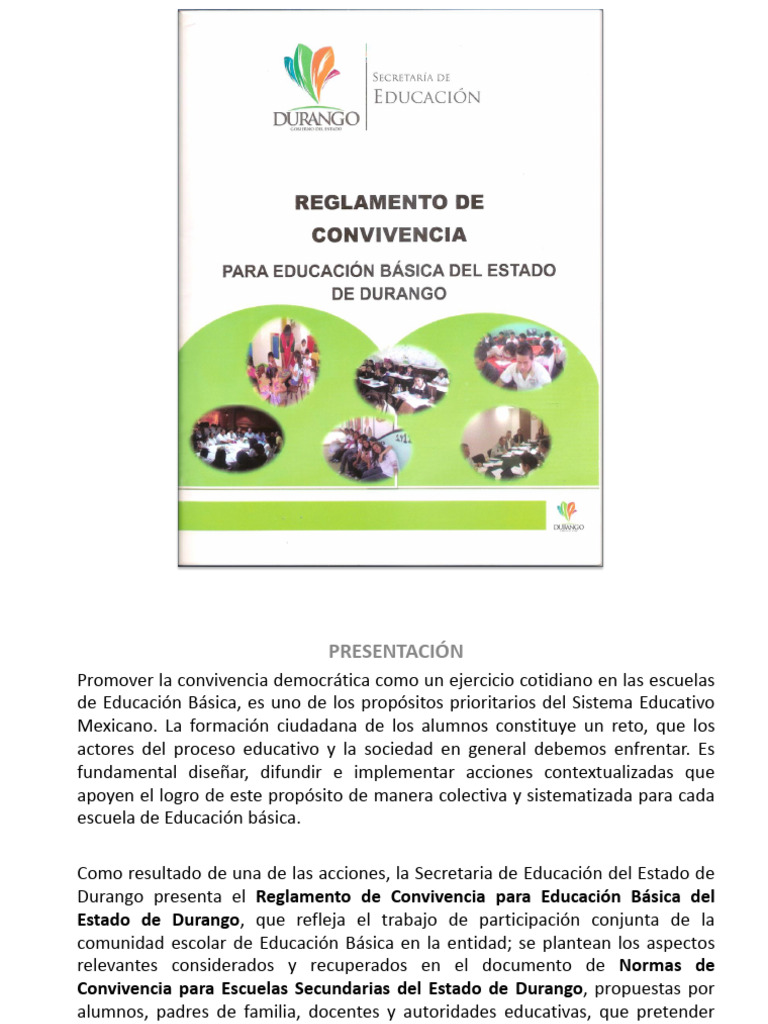 Reglamento de Convivencia Escolar Durango | PDF | Educación primaria ...