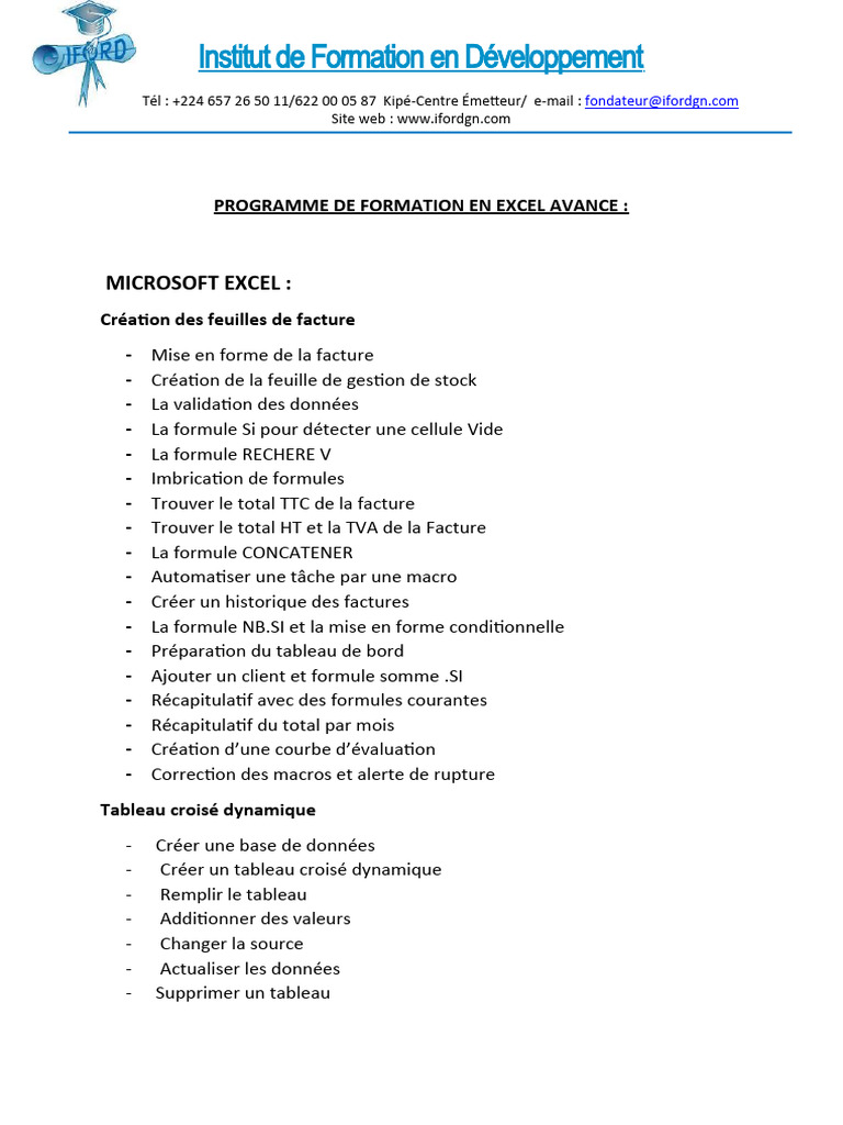 Programme de Formation en Excel Avance | PDF
