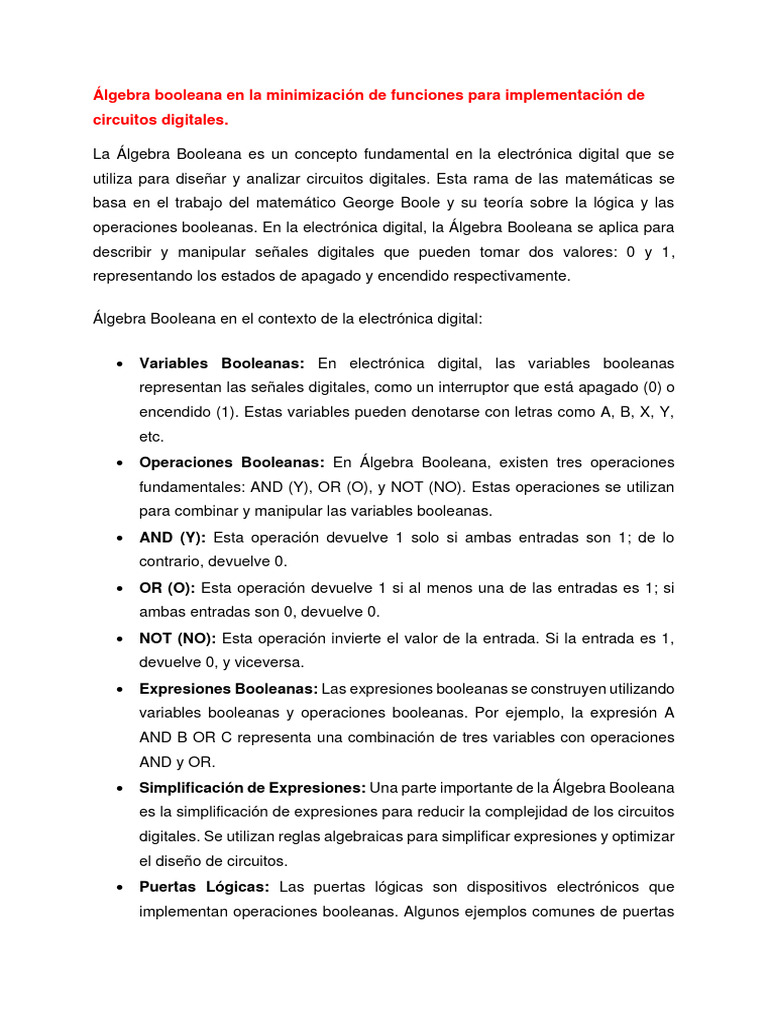 Álgebra Booleana concepto fundamental en la electrónica digital | PDF