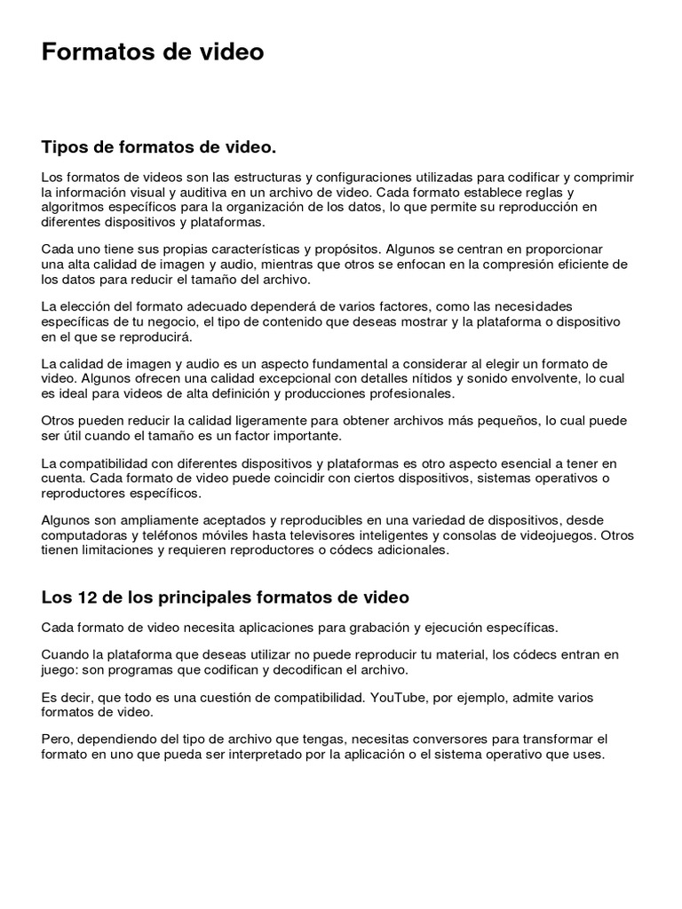 Tipos y formatos de video explicados | PDF | Compresión de datos | Códec
