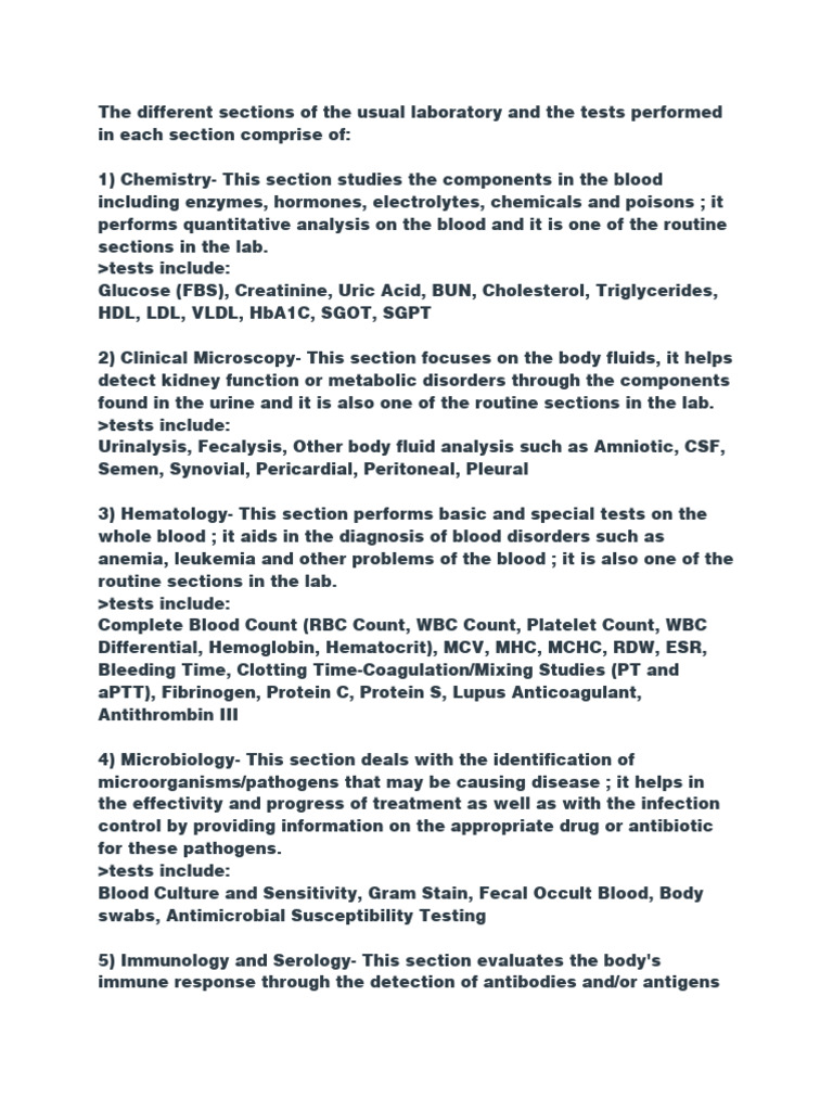 The Different Sections of The Usual Laboratory and The Tests Performed