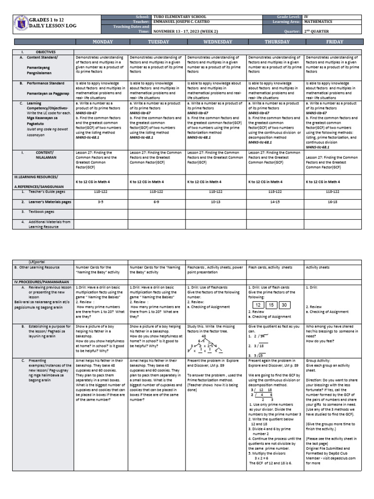 Grade 4 Math Lesson Plan: GCF & Factors | PDF | Flashcard | Cognition